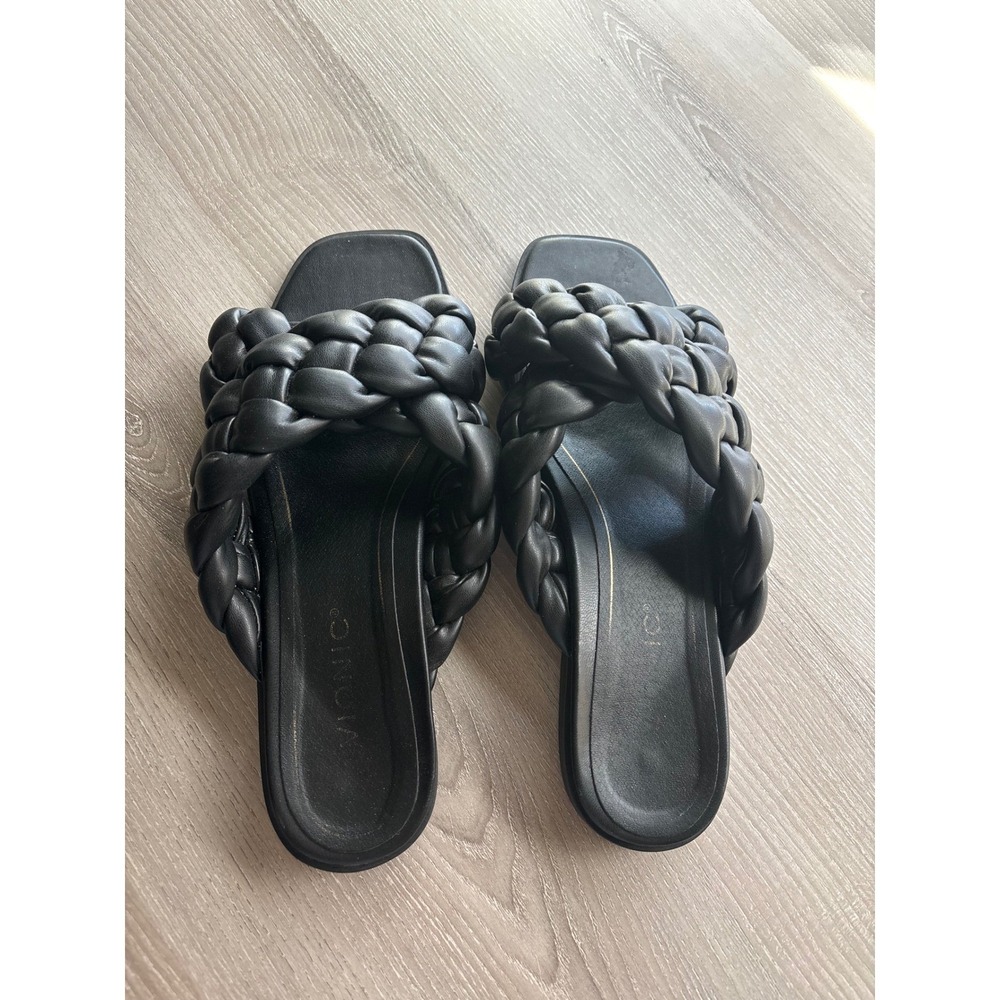 Vionic Womens 9 Black Braided Leather Slide Sandals Square Toe Flat Cross Strap - Picture 3 of 5
